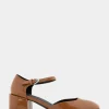 Comfortable Women's Ankle Strap Two Piece Block Heel Pump in Tan Patent Faux Leather Patent Faux Leather