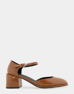 Comfortable Women's Ankle Strap Two Piece Block Heel Pump in Tan Patent Faux Leather Patent Faux Leather
