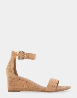 Comfortable Women's Ankle Strap Mid Wedge Sandal in Cork Faux Leather Cork