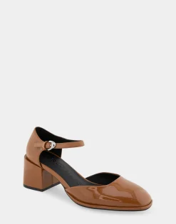 Comfortable Women's Ankle Strap Two Piece Block Heel Pump in Tan Patent Faux Leather Patent Faux Leather