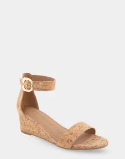 Comfortable Women's Ankle Strap Mid Wedge Sandal in Cork Faux Leather Cork
