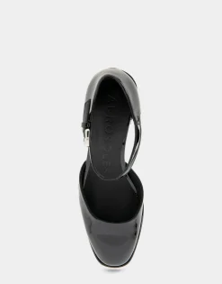 Comfortable Women's Ankle Strap Two Piece Block Heel Pump in Black Patent Faux Leather Patent Faux Leather