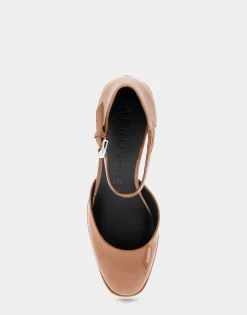 Comfortable Women's Ankle Strap Two Piece Block Heel Pump in Tan Patent Faux Leather Patent Faux Leather