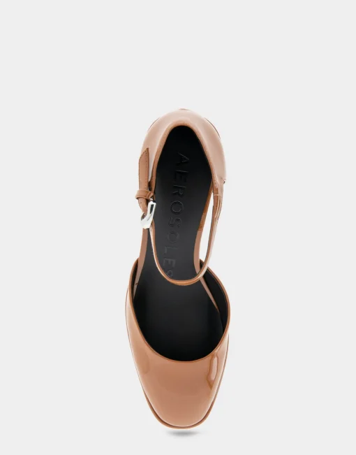 Comfortable Women's Ankle Strap Two Piece Block Heel Pump in Tan Patent Faux Leather Patent Faux Leather