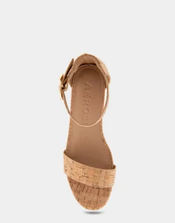 Comfortable Women's Ankle Strap Mid Wedge Sandal in Cork Faux Leather Cork