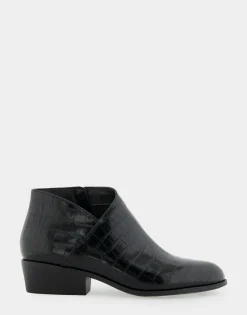 Comfortable Women's Asymmetrical Envelope Low Bootie in Black Croco Faux Leather Croco Faux Leather