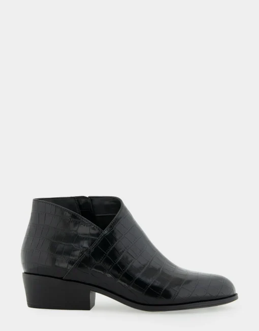 Comfortable Women's Asymmetrical Envelope Low Bootie in Black Croco Faux Leather Croco Faux Leather