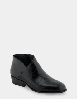 Comfortable Women's Asymmetrical Envelope Low Bootie in Black Croco Faux Leather Croco Faux Leather
