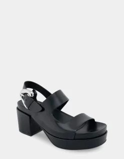 Comfortable Women's Asymmetrical Molded Footbed Platform Sandal in Black Leather