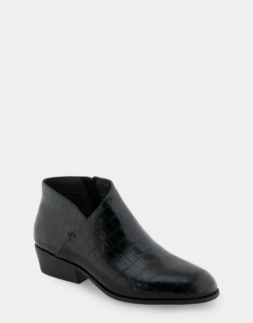 Comfortable Women's Asymmetrical Envelope Low Bootie in Black Croco Faux Leather Croco Faux Leather