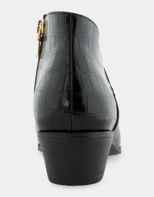 Comfortable Women's Asymmetrical Envelope Low Bootie in Black Croco Faux Leather Croco Faux Leather