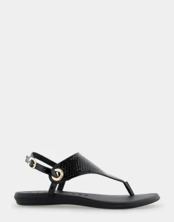Comfortable Women's Back Strap Thong Sandal in Black Snake Patent Faux Leather
