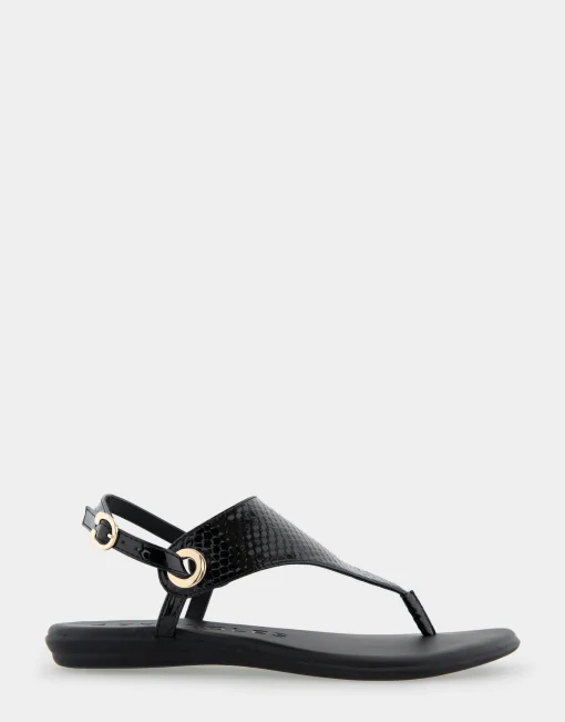 Comfortable Women's Back Strap Thong Sandal in Black Snake Patent Faux Leather