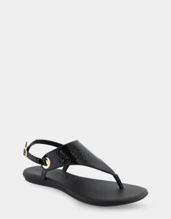 Comfortable Women's Back Strap Thong Sandal in Black Snake Patent Faux Leather