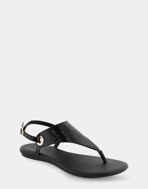 Comfortable Women's Back Strap Thong Sandal in Black Snake Patent Faux Leather