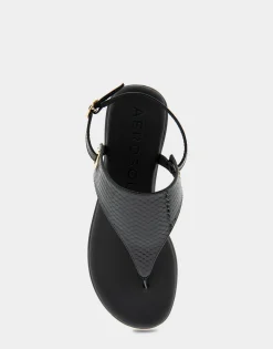 Comfortable Women's Back Strap Thong Sandal in Black Snake Patent Faux Leather