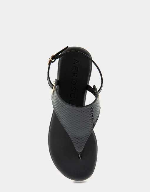 Comfortable Women's Back Strap Thong Sandal in Black Snake Patent Faux Leather