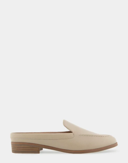 Comfortable Women's Backless Slip On Loafer in Pale Khaki Faux Leather