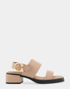 Comfortable Women's Banded Back Strap Low Block Heel Sandal in Natural Faux Leather