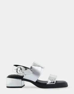 Comfortable Women's Banded Back Strap Low Block Heel Sandal in Silver Mirror Metallic Faux Leather