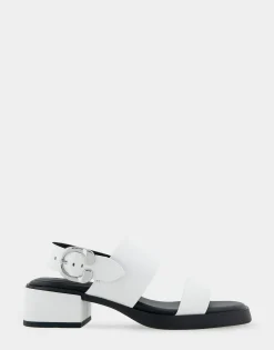 Comfortable Women's Banded Back Strap Low Block Heel Sandal in White Faux Leather