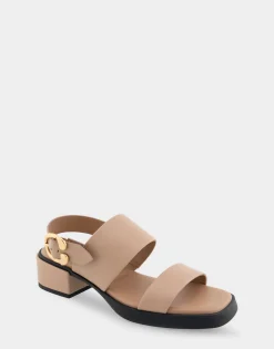 Comfortable Women's Banded Back Strap Low Block Heel Sandal in Natural Faux Leather