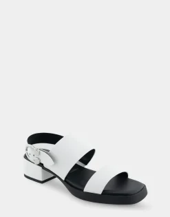 Comfortable Women's Banded Back Strap Low Block Heel Sandal in White Faux Leather