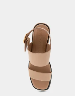 Comfortable Women's Banded Back Strap Low Block Heel Sandal in Natural Faux Leather