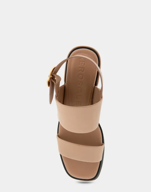 Comfortable Women's Banded Back Strap Low Block Heel Sandal in Natural Faux Leather