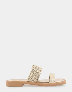 Comfortable Women's Braided Double Strap Flat Sandal in Soft Gold Faux Leather