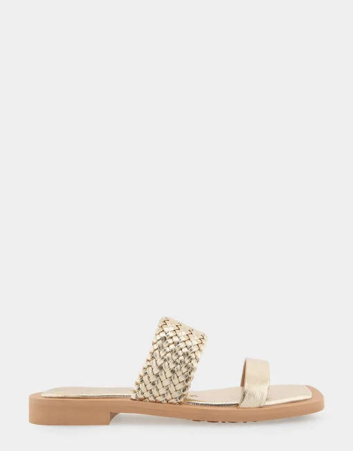 Comfortable Women's Braided Double Strap Flat Sandal in Soft Gold Faux Leather
