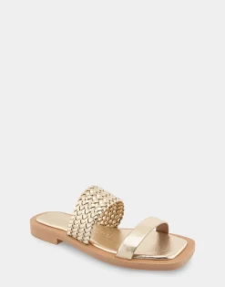 Comfortable Women's Braided Double Strap Flat Sandal in Soft Gold Faux Leather