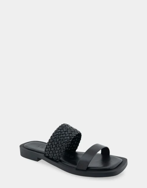 Comfortable Women's Braided Double Strap Flat Sandal in Black Leather