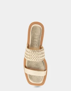 Comfortable Women's Braided Double Strap Flat Sandal in Soft Gold Faux Leather