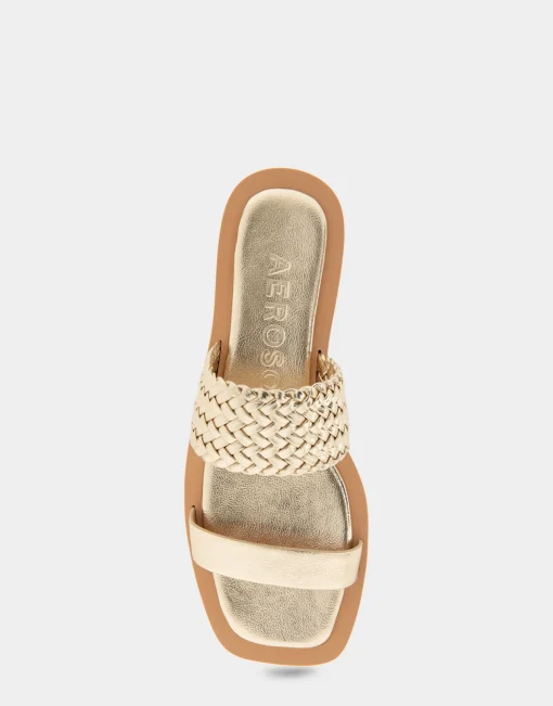 Comfortable Women's Braided Double Strap Flat Sandal in Soft Gold Faux Leather