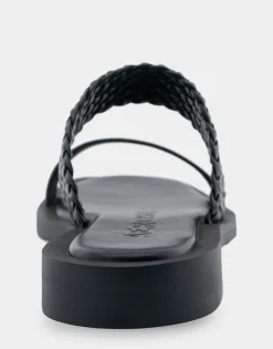 Comfortable Women's Braided Double Strap Flat Sandal in Black Leather