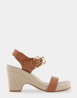 Comfortable Women's Buckled Footbed Wedge Sandal in Tan Leather