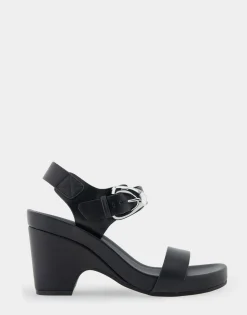 Comfortable Women's Buckled Footbed Wedge Sandal in Black Leather