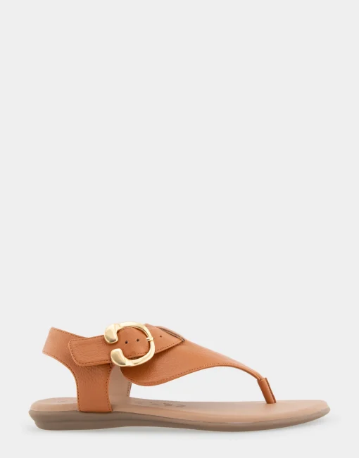 Comfortable Women's Buckle Detail Back Strap Thong Sandal in Tan Grainy Faux Leather