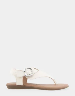 Comfortable Women's Buckle Detail Back Strap Thong Sandal in Eggnog Grainy Faux Leather