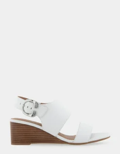 Comfortable Women's Buckle Back Mid Wedge Sandal in White Faux Leather
