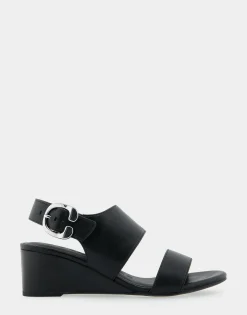 Comfortable Women's Buckle Back Mid Wedge Sandal in Black Faux Leather