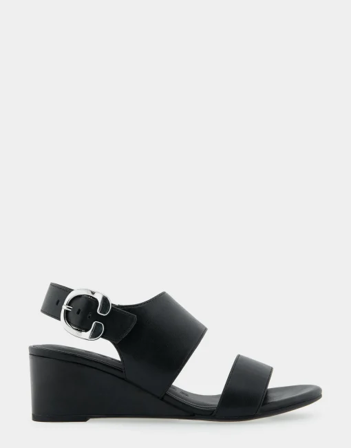 Comfortable Women's Buckle Back Mid Wedge Sandal in Black Faux Leather