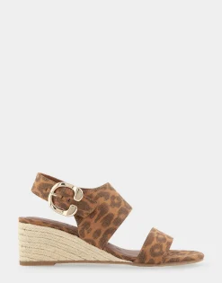 Comfortable Women's Buckle Back Mid Wedge Sandal in Leopard Metallic Faux Suede Faux Suede