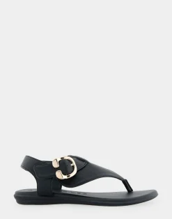 Comfortable Women's Buckle Detail Back Strap Thong Sandal in Black Grainy Faux Leather