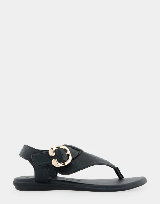 Comfortable Women's Buckle Detail Back Strap Thong Sandal in Black Grainy Faux Leather