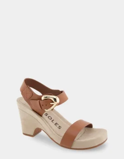 Comfortable Women's Buckled Footbed Wedge Sandal in Tan Leather