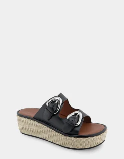 Comfortable Women's Buckled Flatform Slide Sandal in Black Leather