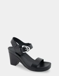 Comfortable Women's Buckled Footbed Wedge Sandal in Black Leather