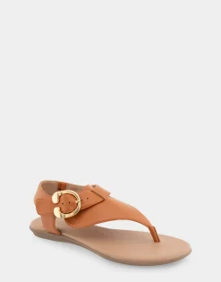 Comfortable Women's Buckle Detail Back Strap Thong Sandal in Tan Grainy Faux Leather